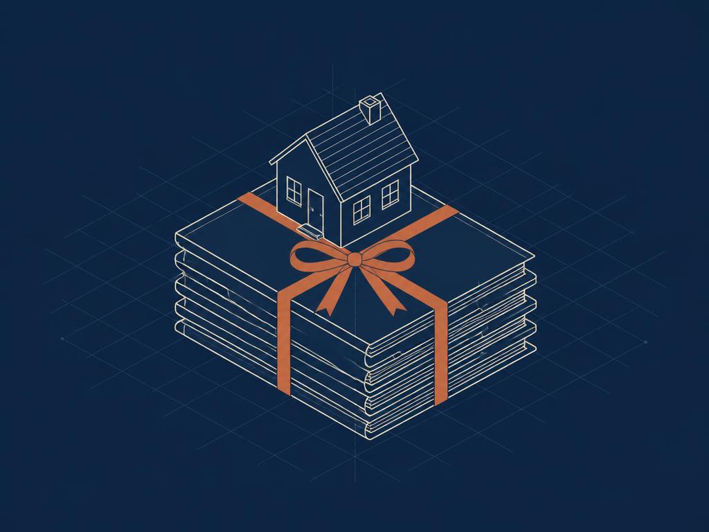 Blueprint-style illustration of a bundle of guides tied with a ribbon under a house