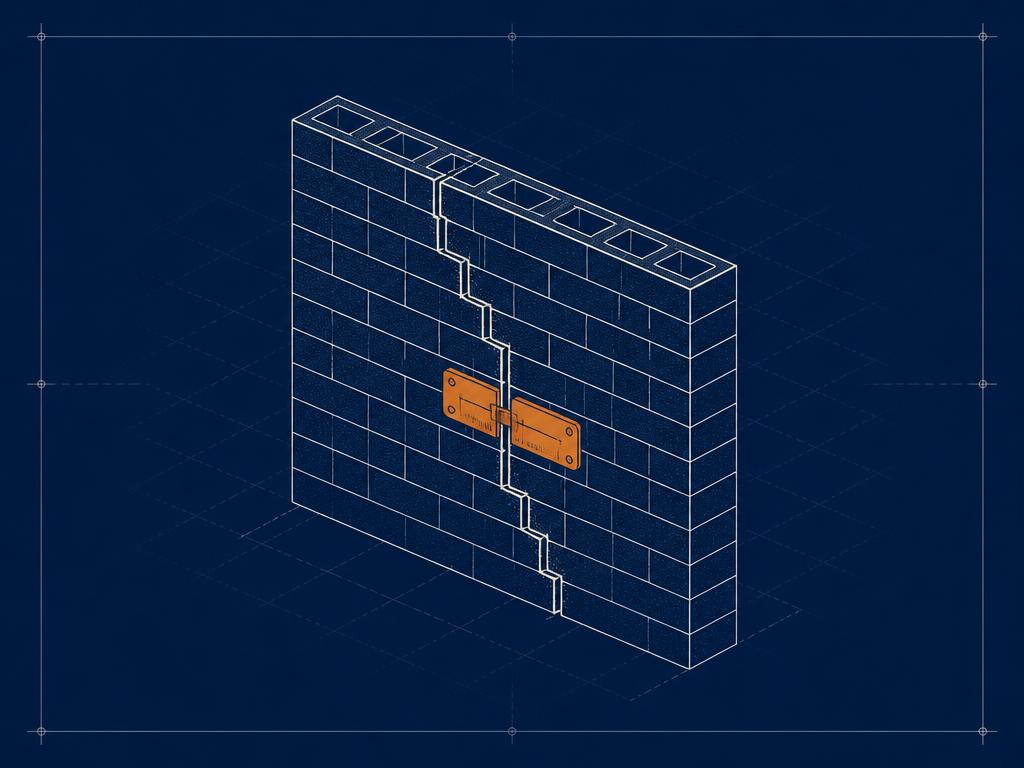 Blueprint-style illustration of a stepped crack in a brick wall with a crack gauge