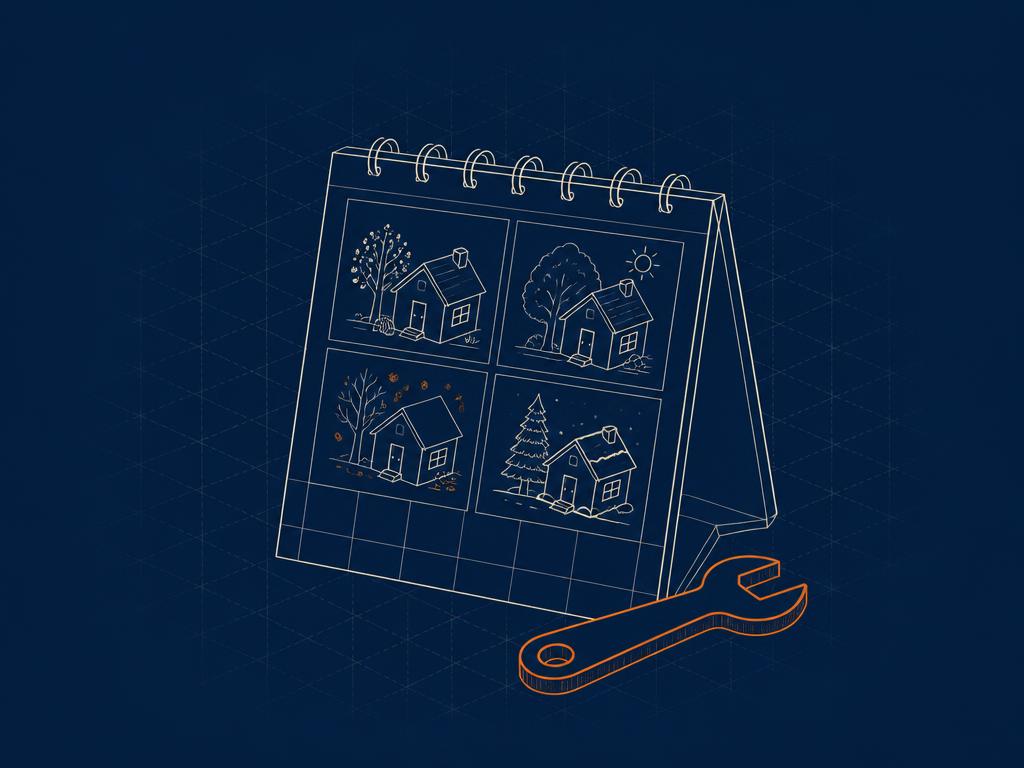 Blueprint-style illustration of a seasonal home maintenance calendar and spanner
